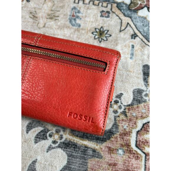 Fossil Leather Tri Fold Wallet Y2k Genuine Leather Pocket Book Coral Red - Picture 6 of 8